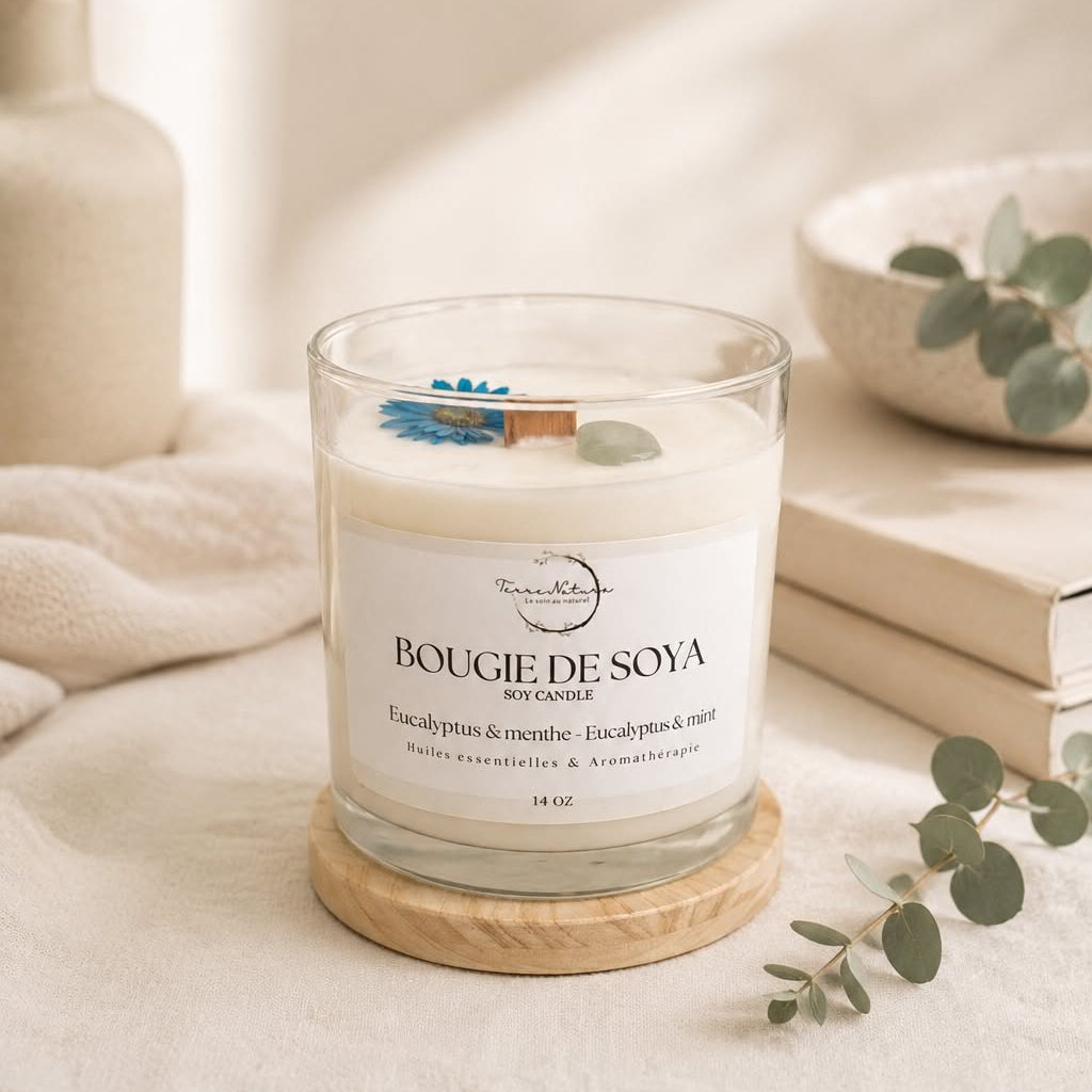 Wooden candle & crystals 14 oz