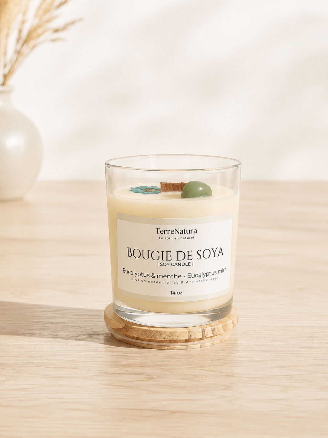 Wooden candle & crystals 14 oz