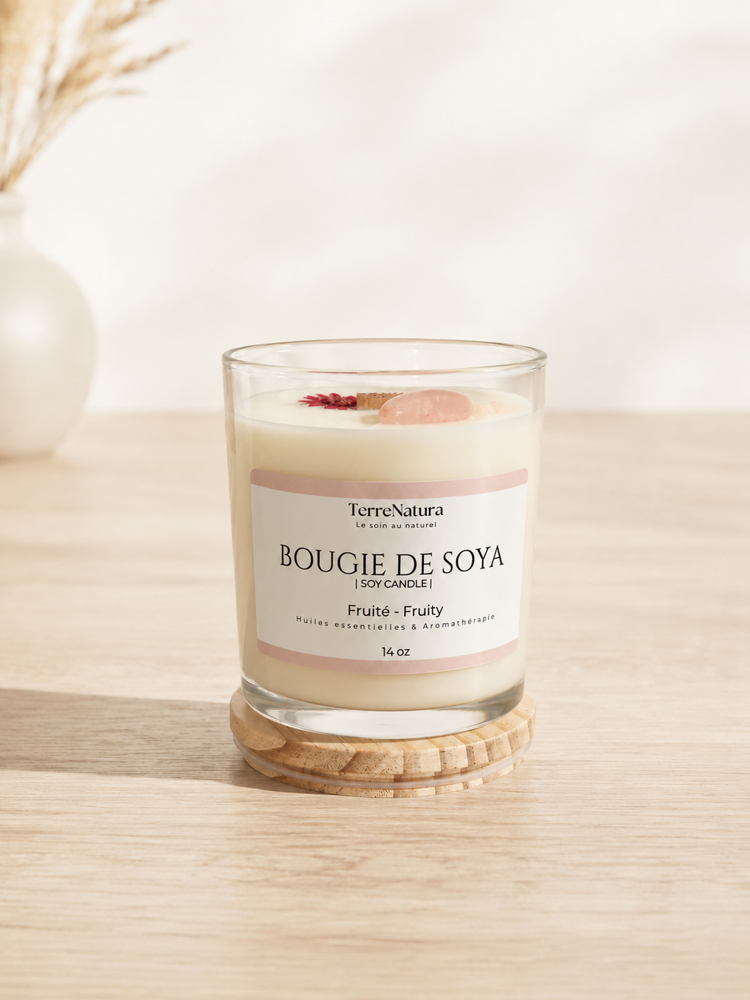 Fruity Candle & rose quartz 14 Oz