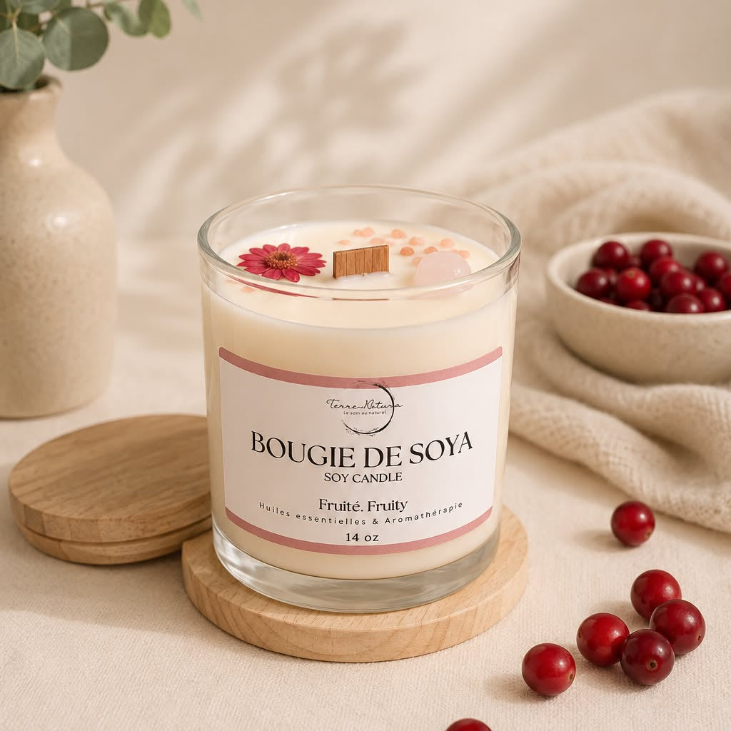 Fruity Candle & rose quartz 14 Oz